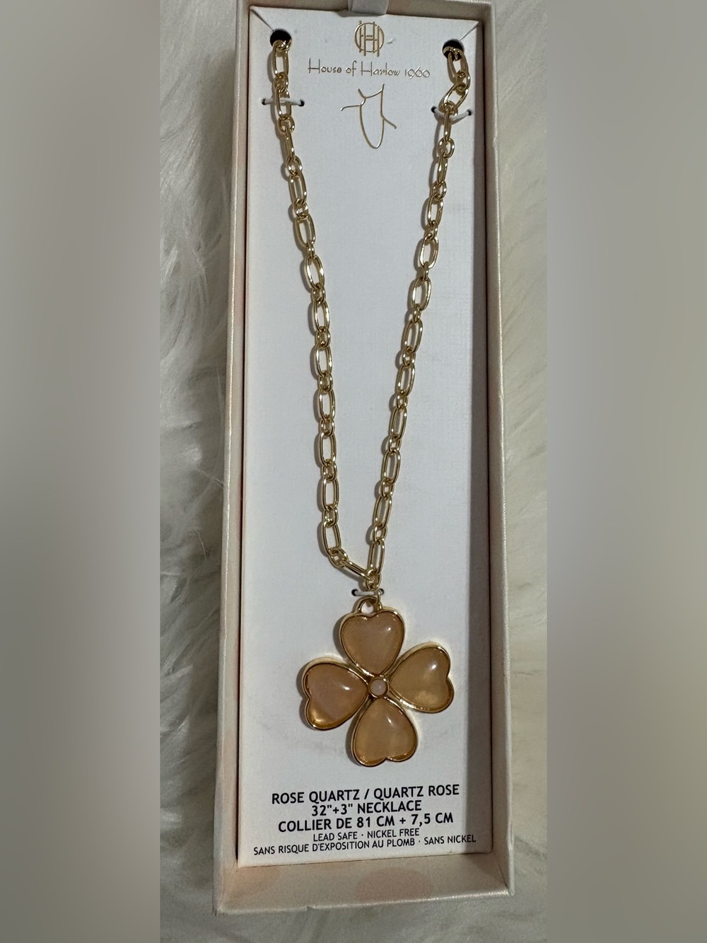 House of Harlow 1960 Gold Chain Necklace with Rose Quartz Flower Pendant